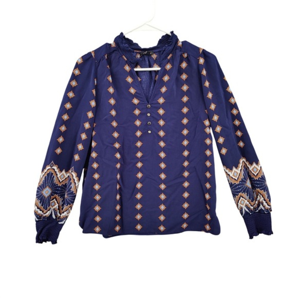 Talbots Women Romantic Peasant Geometric M Top Navy Smocked Cuff VNeck Ruffle